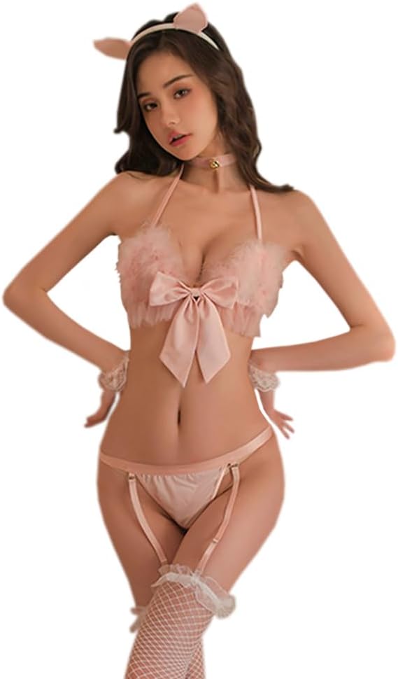 sexy cat lingerie for women outfit cute Cosplay Costume kitten High slit Halter Cutout anime roleplay bikini Babydoll bow ear Bra Top Garter stocking Fluffy tail set Pink