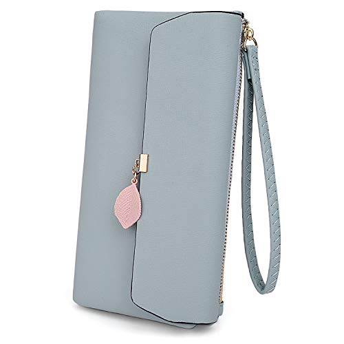 UTO Women Wristlet Phone Wallet Purse Leaf Pendant 12 Card Slots Zipper Pocket PU Leather Blue