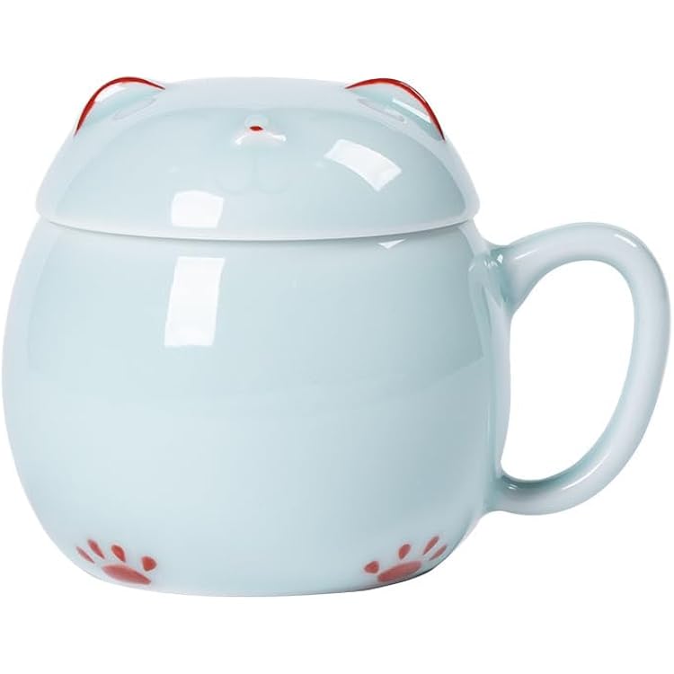Final Game Master Lucky Cat Mug - Handcrafted Celadon Porcelain Tea Coffee Mug with Lid Christmas Birthday Gifts Present for kids Women Girls