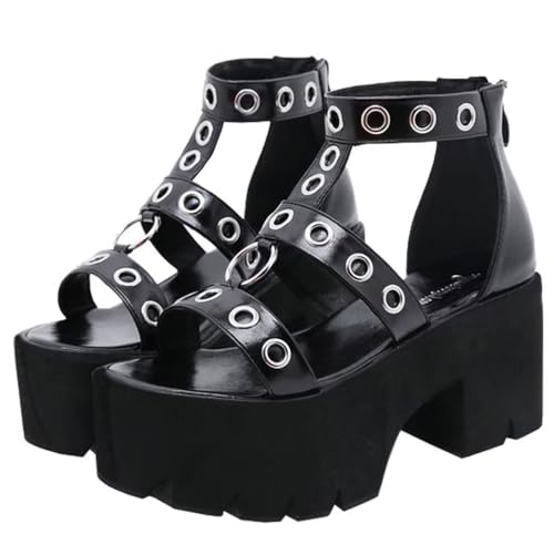 Agodor Womens Goth Black Platform Sandals Ankle Strap Chunky High Heels Open Toe Slingback Roman Gladiator Shoes