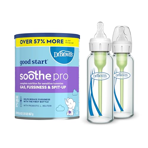 Dr. Browns Good Start Baby Formula Powder, 30.6 Ounce & Natural Flow Anti-Colic Options Narrow Glass Baby Bottle 8 oz250 mL, with Level 1 Slow Flow Nipple, 2 Pack, 0m