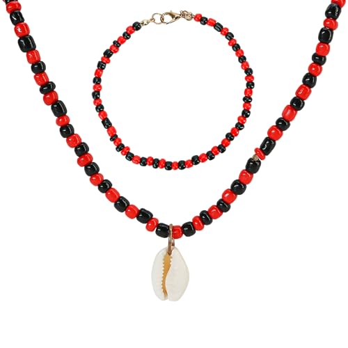 2PCS Santeria Beads Elegua Eleke Collar Necklace with Cowrie Shell Pendant and Ide Bracelet for Papa Legba he Eshu Esu Eleggua Lukumi Lucumi Yoruba IFA Bundle Protection Orisha Ileke de Red