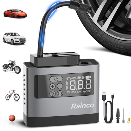 Rainco Mini Tire Inflator Portable Air Compressor with LED Light,Bike Air Pump Mini Car Tire Pump with Digital Pressure Gauge