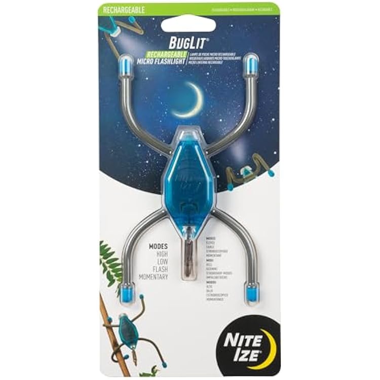 Nite Ize BugLit Rechargeable Micro Flashlight - LED Bug Light for Indoors or Outdoors - Clip On Reading Light - Tent Light for Camping - Task Light with Gear Tie Legs - USB Rechargeable - Bright Blue