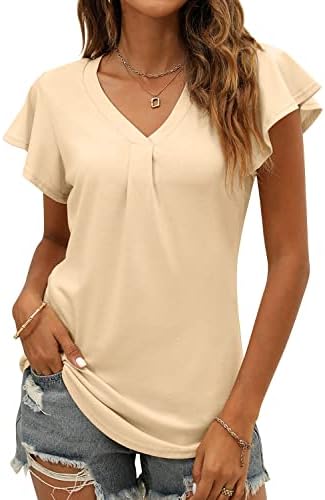 Women's Summer Tops Ruffle Sleeve V Neck Tunic Shirts Business Casual Flowy Blouses for Women