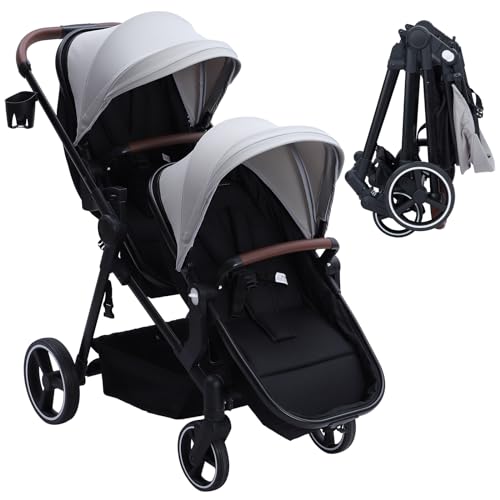 Double Stroller for Infant and Toddler, Reversible Tandem Stroller with One-Hand Fold, 5-Point Harness, Adjustable Canopy, Multi-Modes for TwinsSecond Child, Lightweight 2 Seat Stroller