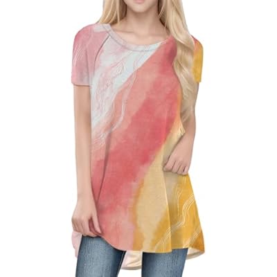 domirica Tunic Tops for Women Casual Crewneck Floral Print Swing T Shirts Trendy Short Sleeve Lightweight Blouse