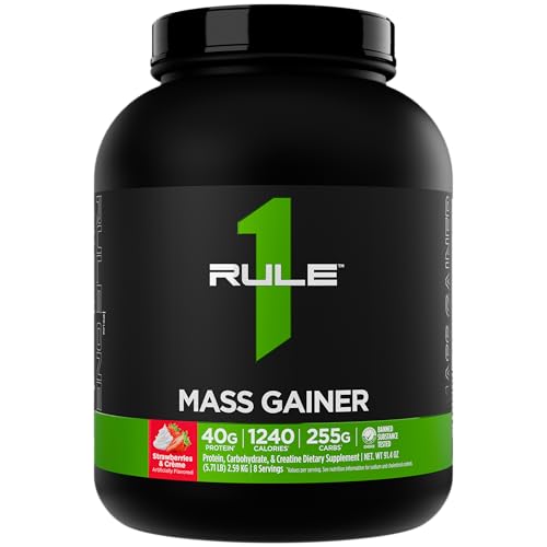 Rule 1 Proteins Mass Gainer - High-Calorie Weight Gain Formula with 1,220 Calories, 250g Complex Carb Blend, 40g All-Whey Protein Per Serving 8 Servings, Strawberries & Creme