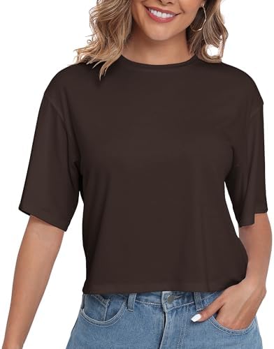 PRIMODA Womens Loose Fit Cropped T Shirts Crew Neck Half Sleeve Crop Tops Tee Shirts