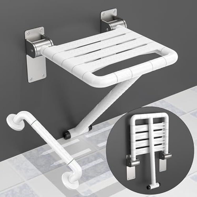 Munzong Wall Mounted Folding Shower Seat with Assist Grab Bar in White