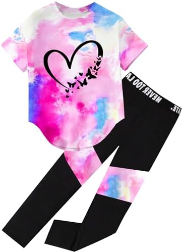 Girls 2 Piece Outfits Kids Clothes Pants Sets Print Short Sleeve Top Leggings Spring Summer Tracksuit 4-13Y