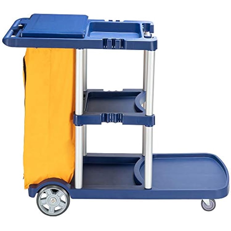 LEADZM Janitorial Cart, 3-Shelf Commercial Cleaning Cart, Plastic Housekeeping Caddy with Cover, Wheeled with Yellow Vinyl Bag, Blue, Great for Hotel, Stores, Schools, and Business