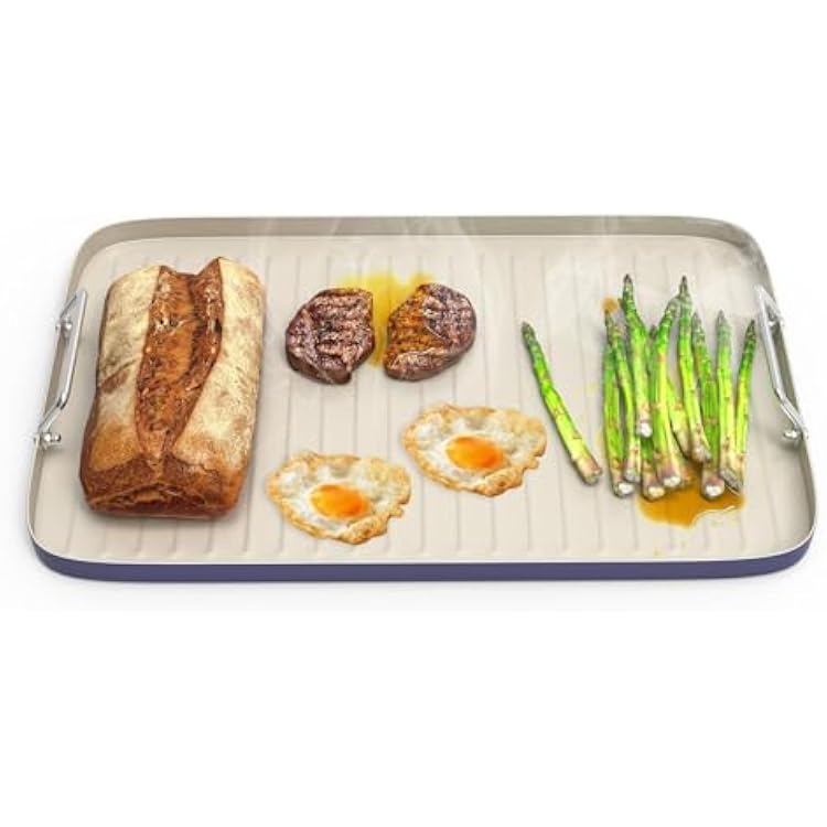 SafBbcue 20 x 13 Ridged Surface Griddle Pan, Double Burner Non-Stick Ceramic Coated, for Outdoor Gas Pellet Grill Stove Top, Oven & Broiler for Weber Charbroil Camp Chef Grill, Blue