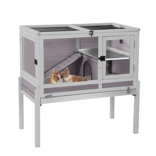 Aivituvin Rabbit Hutch with Stand Wooden Bunny Cage Indoor 2 Story Guinea Pig House with Anti Chew Ramp, No Leak Tray, Hideout, Wire Mesh Gray