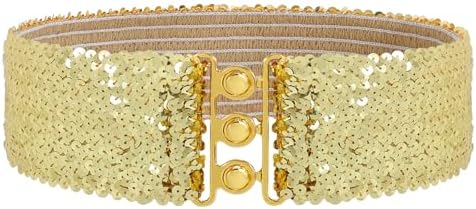 SUOSDEY Sequin Elastic Wide Belts for Women Sparkly Glitter Stretch Disco Belt for Dresses 70s 80s Costume Party