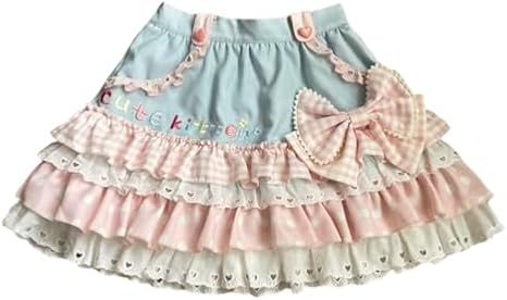 Womens Lolita Ruffled Bow Lace Skirt Kawaii Cute Pleated Cake Skirts A-Line Tiered Harajuku Zip Up Mini Dress