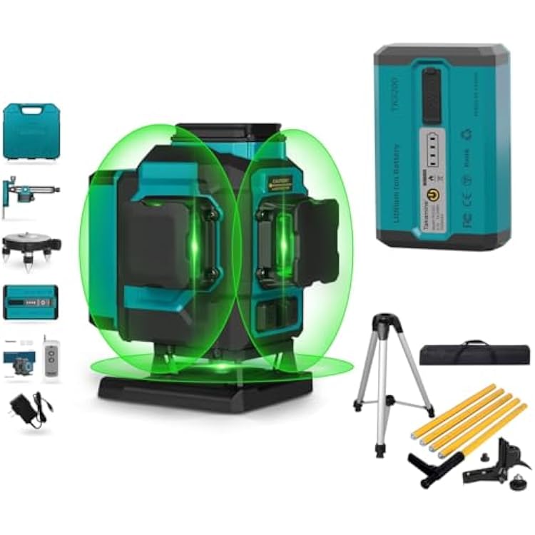 Takamine 3x360 12 Lines Green Laser Level with Adjustable Telescoping Pole and an Extra Li-Ion Battery.