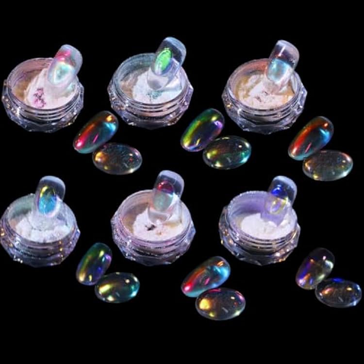 Ice Transparent Aurora Nail Powder Neon Rainbow Holographic Chameleon Powder Multi Chrome Iridescent Pigment Pearlescent Nail Art Glitters 6 Boxes Transparent