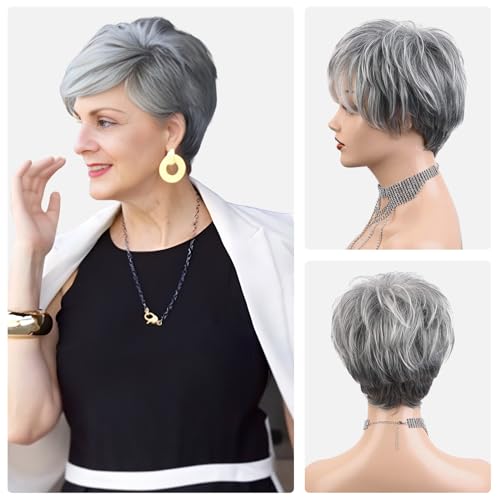 DOPI Short Silver Gray Bob Wigs with Bangs [Include Weaving Cap] Short Straight Bob Silver Grey Wigs for Women, Natural Looking Cosplay Daily Party Wig