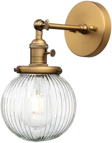 PERMO Vintage Industrial Wall Sconce Lighting Fixture with Mini 5.9 Round Clear Globe Ribbed Glass Shade Antique Brass Gold