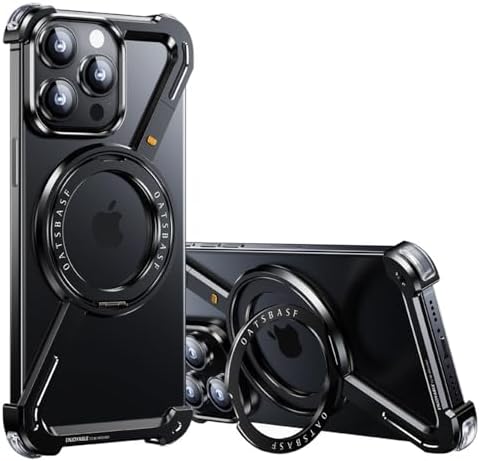 Omio for iPhone 15 Pro Bumper Case Compatible with MagSafe, Minimalist Phone Case with Magnetic Kickstand Slim Aluminum Metal Frameless Design Z Case Shockproof Stand Case for Men, Black Titanium