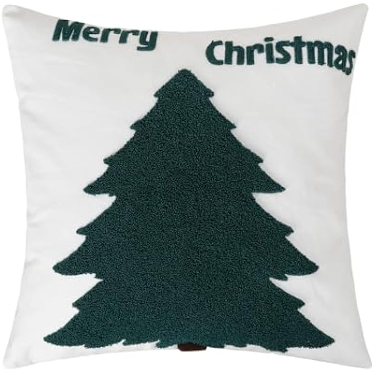 Merry Christmas Pillow Cover 18 x 18 Inch Embroidered Xmas Tree Pattern Couch Pillow Cover Farmhouse Decoration for Winter Holiday Home Couch