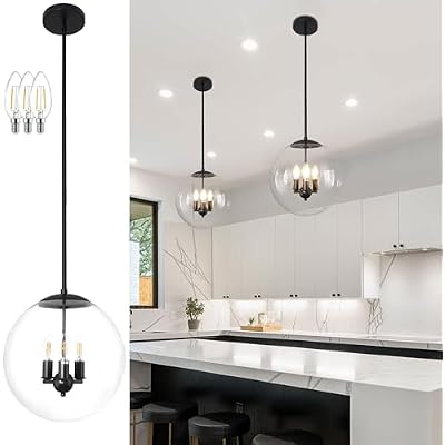 13.7 Globe Pendant Light 3-Light Black Mid Century Pendant Light Clear Glass Lights Kitchen Island Mid Century Adjustable Hanging Farmhouse Globe Fixtures for Living Room Lobby