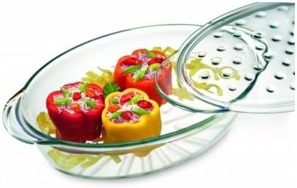 Simax Glass Baking Dish with Lid - Large Oval Shaped Casserole - 3 Qt with Ridges