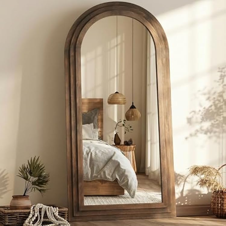 PERFNIQUE Arched Full Length Mirror with Solid Wood Frame, 71x32 Rustic Farmhouse Large Floor Mirror with Stand, Boho Style, for Bedroom, Living Room & Entryway Walnut, 71 L x 32 W