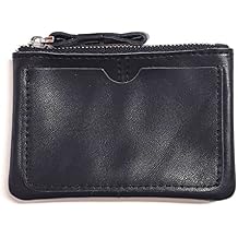 Genuine Leather Coin Purse Pouch for Women Men Vintage Cowhide Grain Leather Slim Mini Wallet Metal Zipper with Real Leather handle (Black)