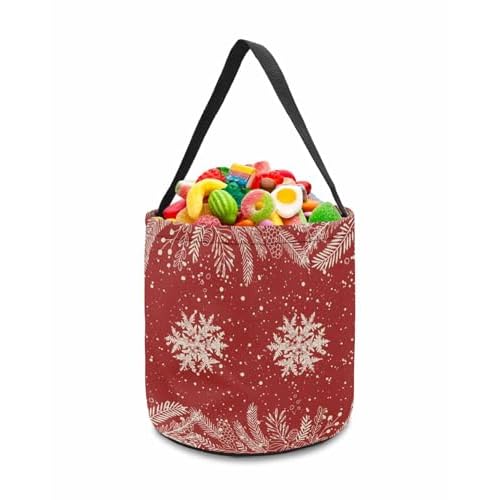 1 PCS Halloween Candy Bucket Trick Or Treat Tote Bags,Merry Christmas Snowflake Texture Portable Grocery Goody Buckets Reusable Candy Basket for Holiday Party Favor,White Leaves Pine Cone on Red
