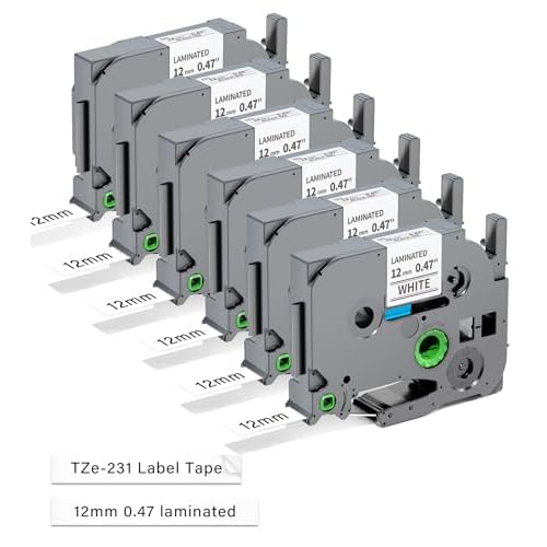 Replace for Brother P-Touch Label Tape 12mm 0.47 Laminated White TZ Tape TZe-231 TZe231 Compatible with Brother Ptouch Label Maker PT-D210 PTH110 PTD220 PTD410, 6-Pack