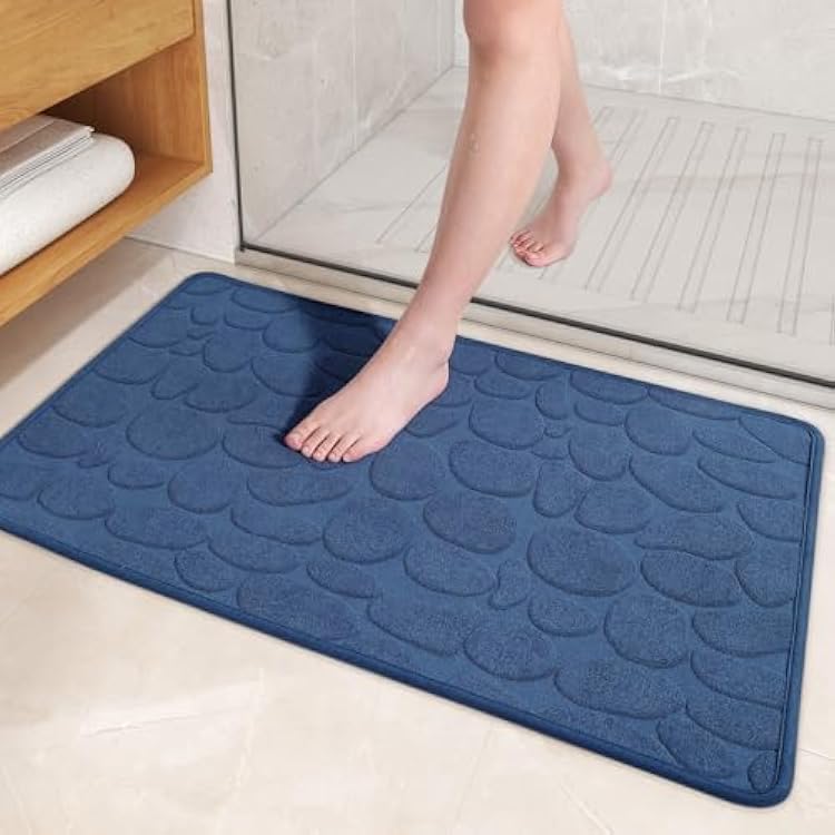 Color&Geometry Quick Dry Thin Bathroom Rugs Fit Under Door- Super Absorbent, Non Slip Rubber Backing, Non Shedding, Washable Navy Blue Bath Mat- 16x24 Small Bathmat for Washroom Floor