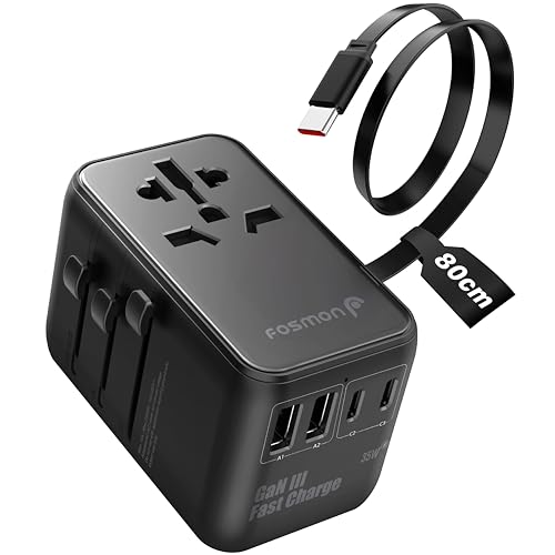 Fosmon Universal Travel Adapter Worldwide with Built-in USB C Cable, 35W GaN IIIPD Fast Charging International Travel Plug Adapter, 6 in 1 Power Charger Outlet with 4 USB Ports for US to EU UK AUS