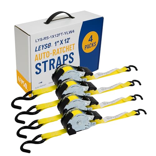 Leyso 1 Inch x 12 Ft Retractable Ratchet Straps, Auto Ratchet Straps with 1500 lbs Break Strength, Retractable Ratchet Tie Down Straps for Jet Skis, Motorcycles, Boats 4 Pack - Yellow