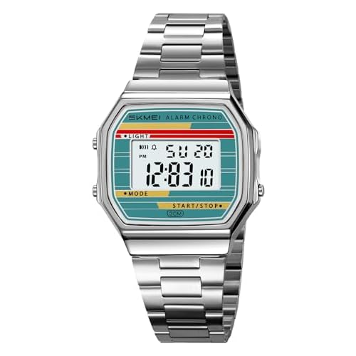 Gosasa Retro Digital Watch for Men Women, Stainless Steel Band Vintage LED Backlight Alarm Stopwatch Waterproof Chronograph Wristwatch with Date Week Display, 1224H, 30M Water Resistant