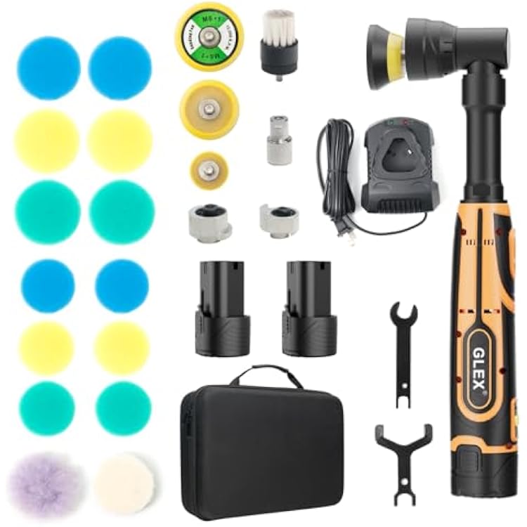 GLEX Cordless Mini Polisher, 12V Cordless Scratch Repairer, Mini Cordless Car Polisher with Polishing Pad and Wool Pad, Premium Set for Polishing, Sanding and Cleaning.