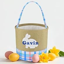 Easter Basket, Jocidea Personalized Easter Baskets, Easter Bunny Basket, Easter Egg Hunt Baskets - Burlap Basket Blue Grid