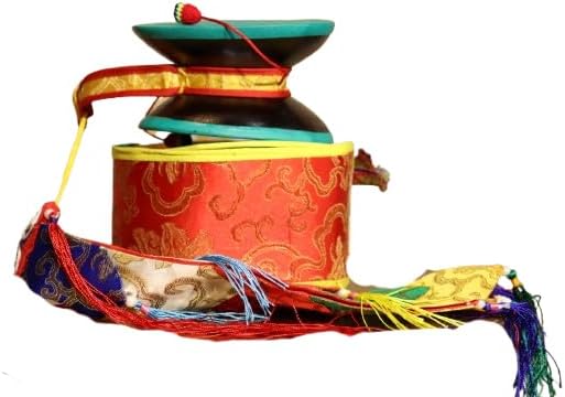 Tibetan Chod Damaru Round, Large, Wooden Leather, With Brocade Damaru Drum Cover Damaru Brocade Tail - Nepali Authentic Design Hand Carved Folk Musical Instrument for All Age Groups of Musicians
