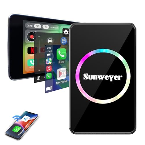 Sunweyer 2025 Wireless CarPlay Adapter Android Auto Streaming Box SW12 Pro with Netflix, YouTube, Hulu, App Install - Ai Box, Dual WiFi, Bluetooth, HDMI, LED Ambient, for Wired Car Play Cars
