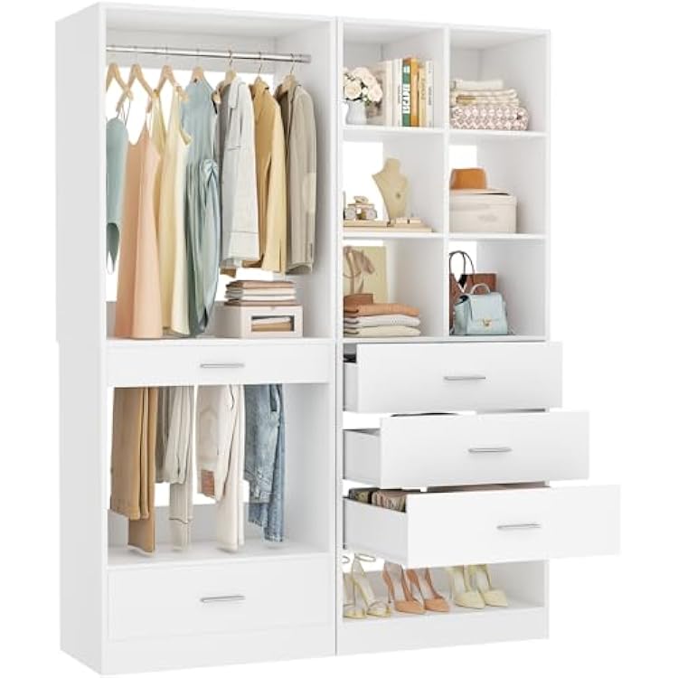 Homieasy Closet System Organizer of 2 Sets, Wardrobe Closet with 4 Drawers and Partition Storage, Pants Rack and Hanging Rods, Freestanding Closet Organizer for Bedroom & Walk-in Closets, White