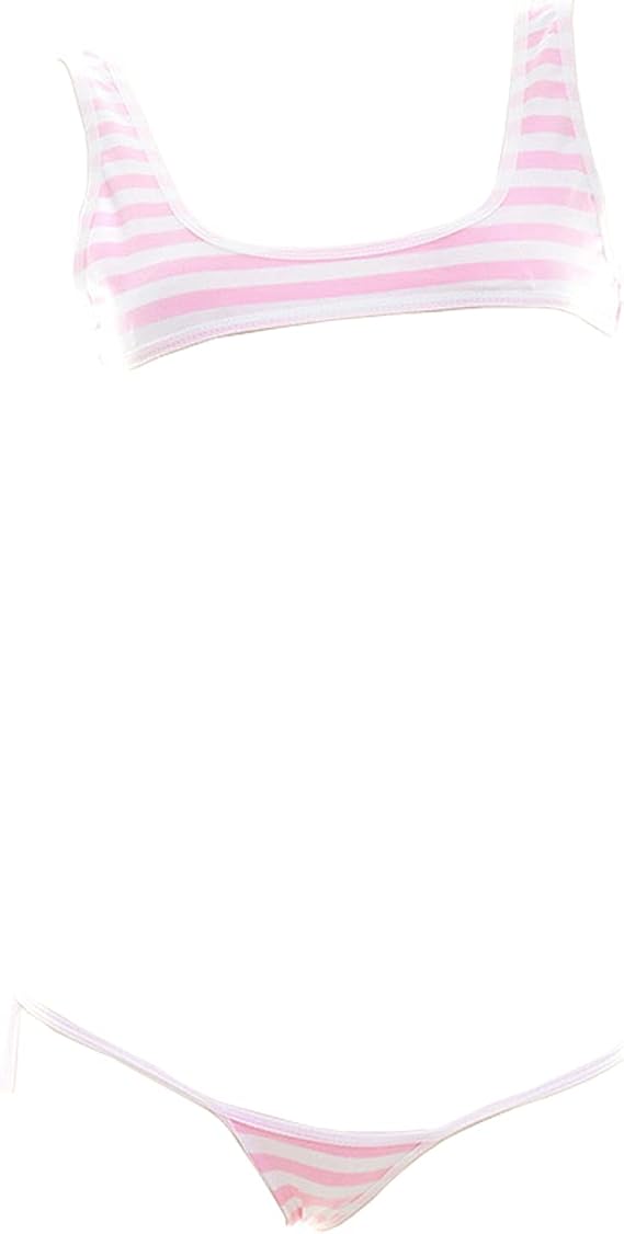 SINMIUANIME Women Japanese Style Anime Lingerie Sexy Blue/Pink Striped Micro Bikini Cosplay Bra and Panty Set