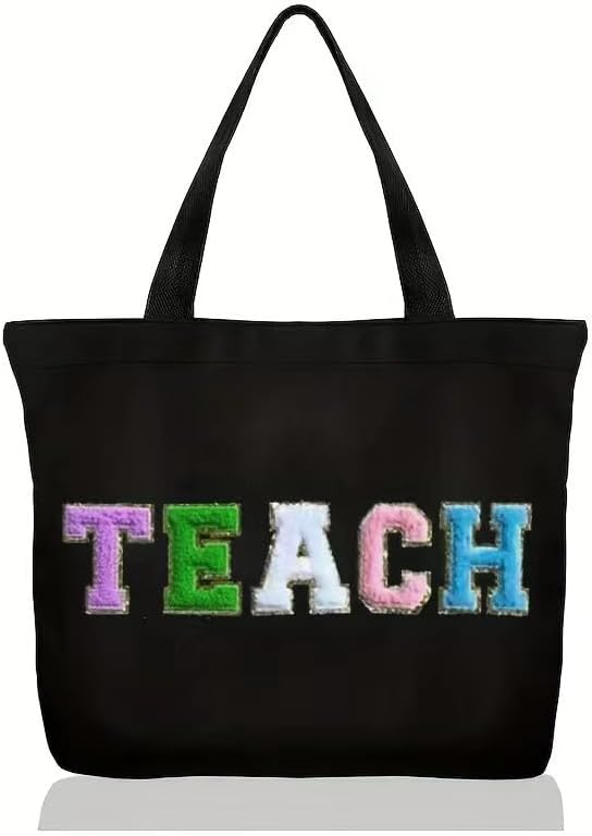 Teacher Appreciation Gifts Women Tote Bag Funny Thank You Gag Gifts Colorful Teach Letters with Interior Pocket