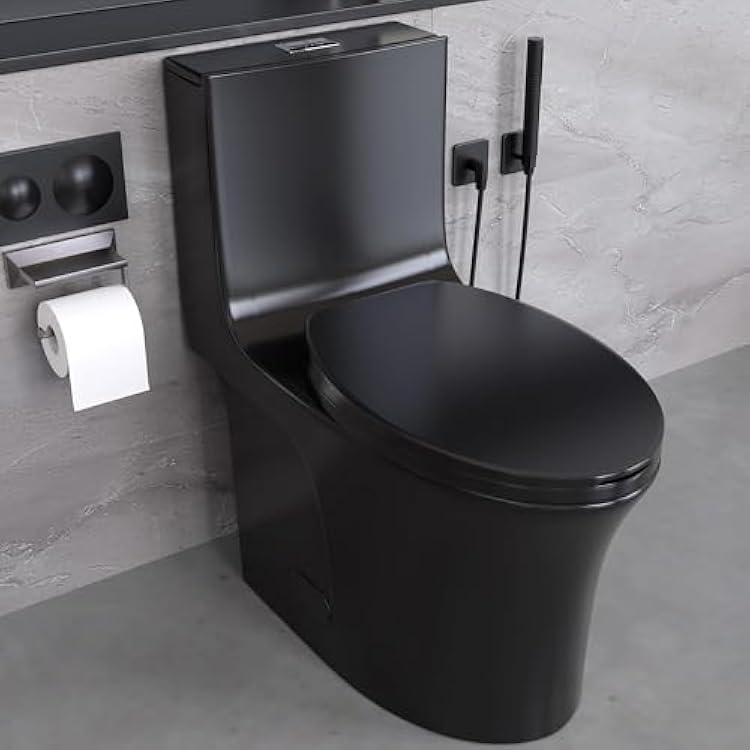 One Piece Toilet, 11.6 GPF Elongated Dual Flush Toilet with 15.5W Soft Closing Seat, 17 Comfort Height Seat, Modern American Standard Modern Toilet for Bathroom, 12 Rough-In, Black