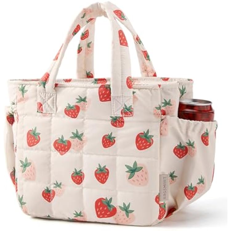 BAGSMART Lunch Bag for Women Small Cute Strawberry Quilted Lunch Box Insulated Lightweight, Leakproof, Durable & Reusable Tote Bag for Work, Travel, Outdoor, Picnic