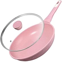 11 Inch Non Stick Frying Pans with Lid - 100% PFOA PFAS Free, Super Nonstick, All Stovetop Compatible Induction Gas Electric, Omelette & Egg Pan, Dishwasher Safe, Eco-Friendly Pink Pan