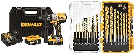 DEWALT DCD996P2 20V MAX* XR Lithium Ion Brushless 3-Speed Hammer Drill Kit with DEWALT DW1361 Titanium Pilot Point Drill Bit Set, 21-Piece