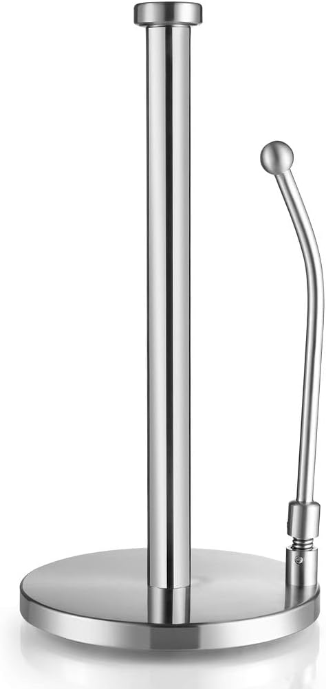 Sagler Stainless Steel Paper Towel Holder - Standing Paper Towel Dispenser with Adjustable Spring Arm & Weighted Base for Kitchen, Bathroom