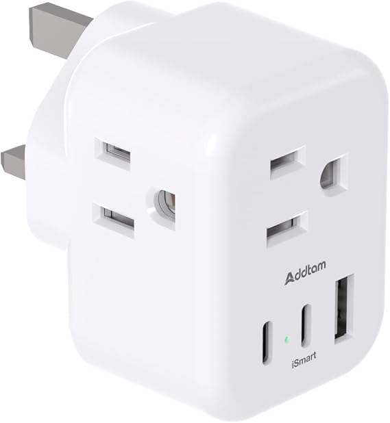Addtam US to UK Travel Plug Adapter with3 Outlets 3 USB Ports(2 USB C)
