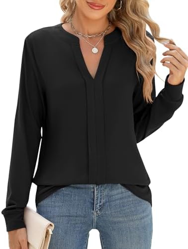 Micoson Womens Tops Dressy Casual Long Sleeve Business Knit T Shirts V Neck Pleated Work Blouses Loose Fall Trendy Clothes